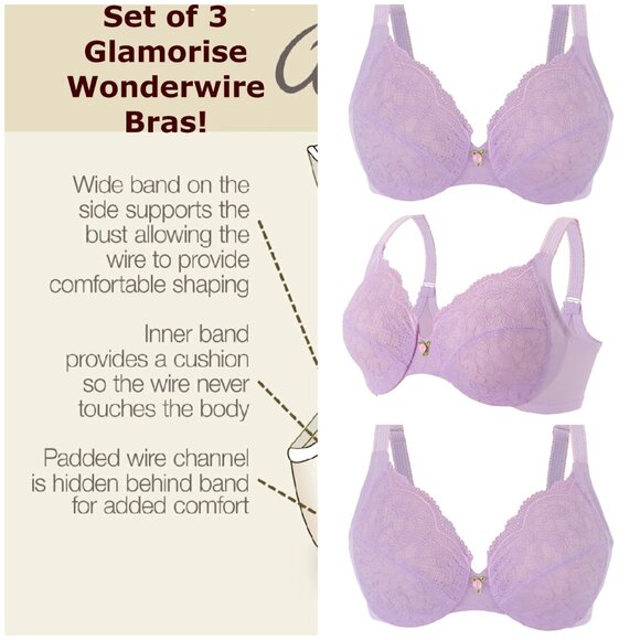 Set of 3! 34C Wonderwire Lace Bra (Side-Smoothing) MAX-COMFORT Violet NEW - Picture 1 of 16